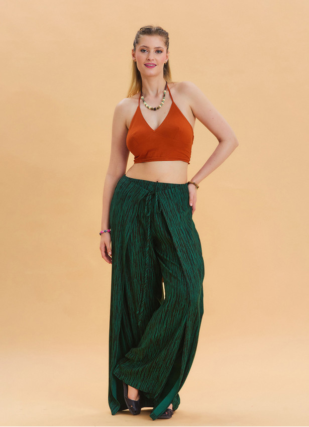 Green Ethnic Trousers with Elastic Waist and Tie Detail 4471